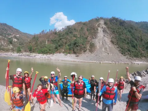 Rafting group arriving at the finish point after a Bhotekoshi River adventure