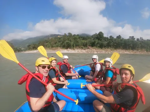 Rafters navigating whitewater rapids on the Lower Seti River in Nepal