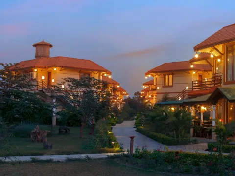Peaceful hotel garden surrounded by tropical greenery