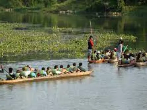 Canoe ride through a peaceful river surrounded by Chitwan jungle