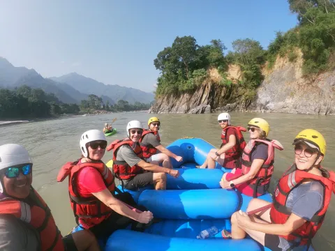 Karnali River wilderness landscape with rafts and expedition team