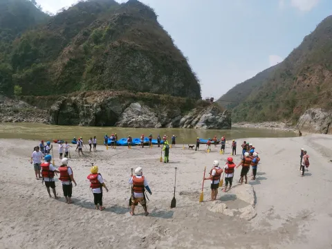 Rafting team preparing for a whitewater adventure on Kali Gandaki River
