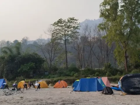 Riverside camping during the Marshyangdi River rafting adventure