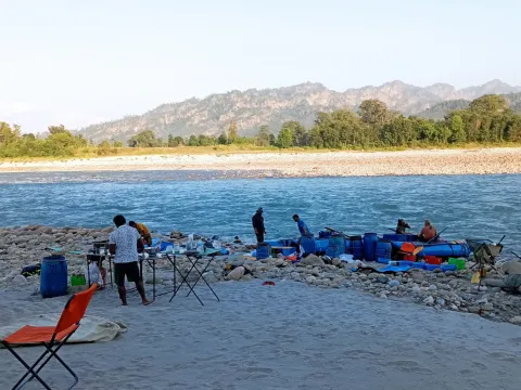 Riverside beach camp during an 8-day Karnali River kayaking expedition