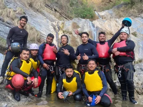 Travelers exploring Jalbire canyon Chitwan