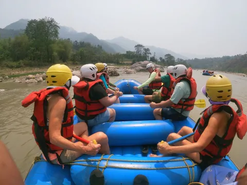 Rafting group enjoying the rapids of the Trishuli River in Nepal