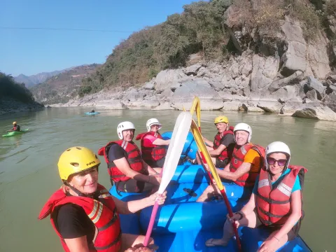 Rafting group enjoying the rapids of the Trishuli River in Nepal